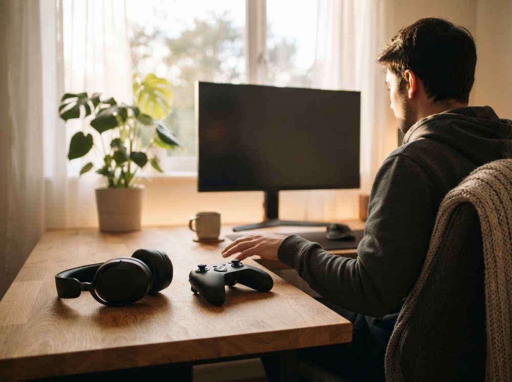 Jovem sentado de lado numa secretária com comando e auscultadores em ambiente de gaming