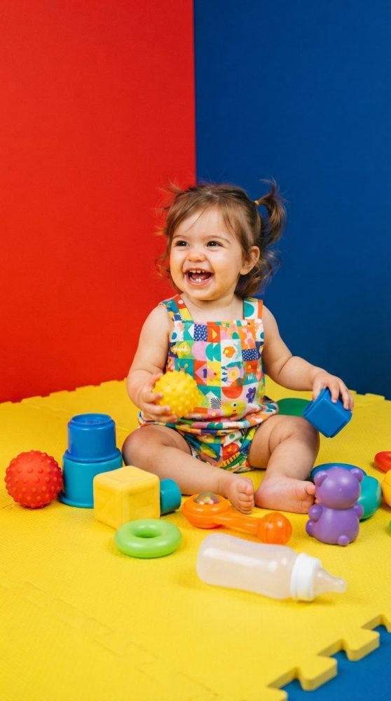 Bebé sorridente sentado num tapete amarelo com vários brinquedos coloridos