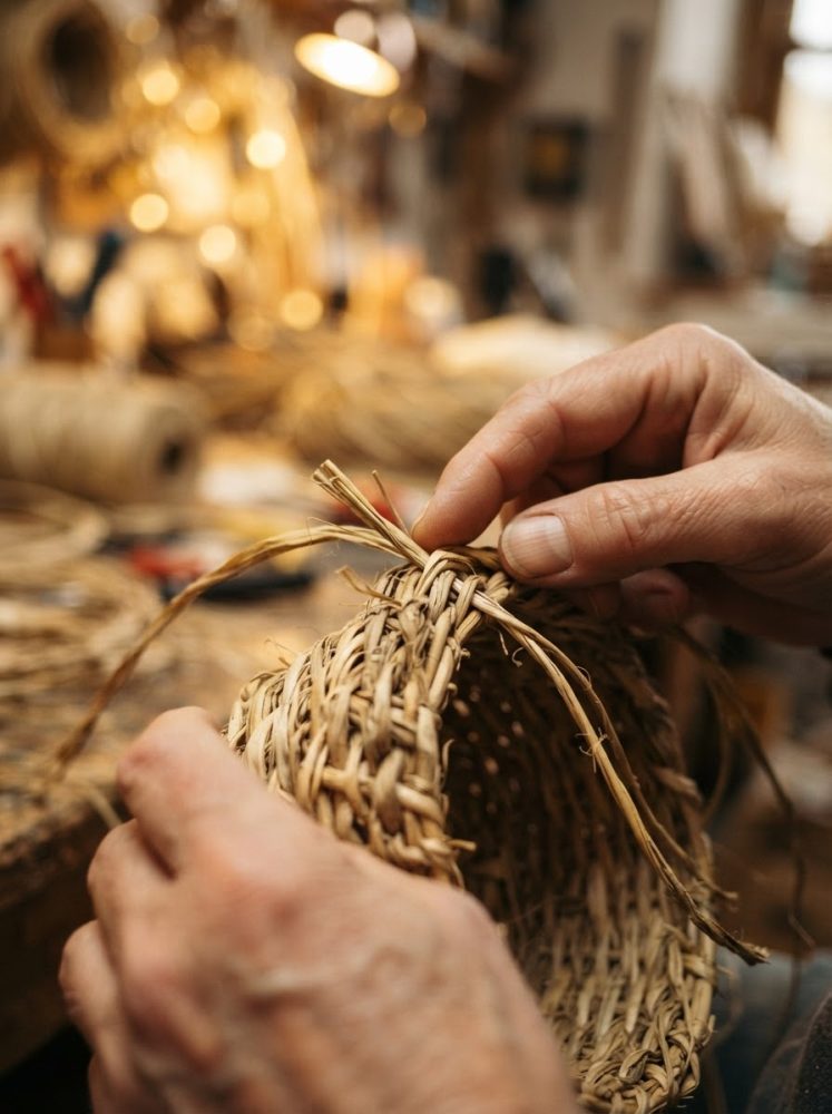 Mãos de artesão trançando uma cesta de fibras naturais em oficina de artesanato