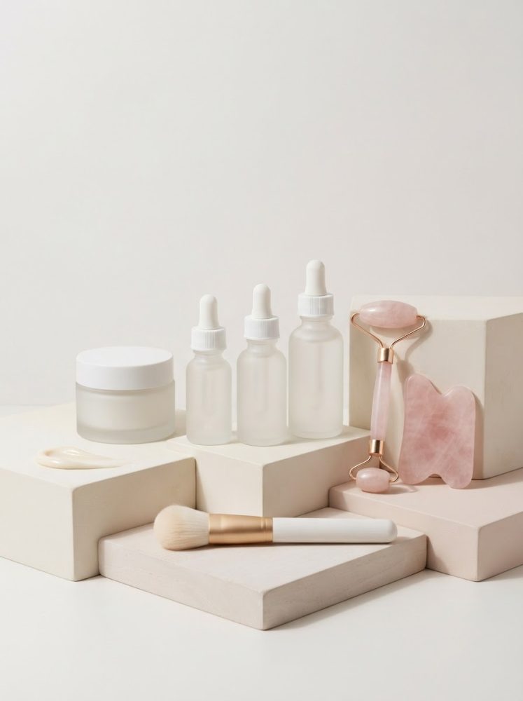 Frascos de vidro para beleza, creme, pincel e ferramentas de massagem facial rosa em base neutra