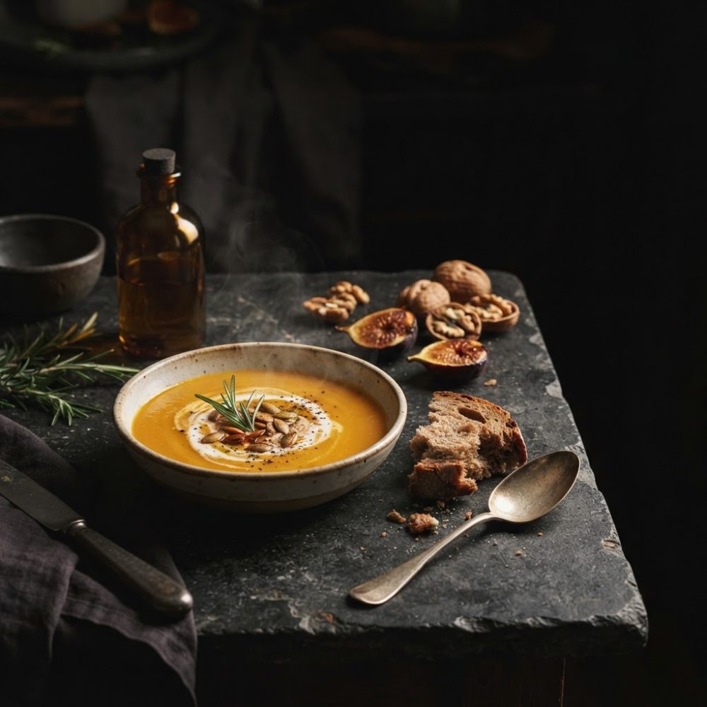 Sopa de legumes cremosa com sementes, pão rústico, figos e nozes sobre pedra escura