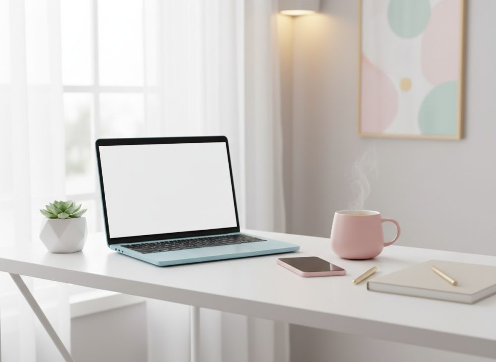 Mesa branca com laptop, smartphone rosa, caneca de chá, caderno e planta em ambiente luminoso
