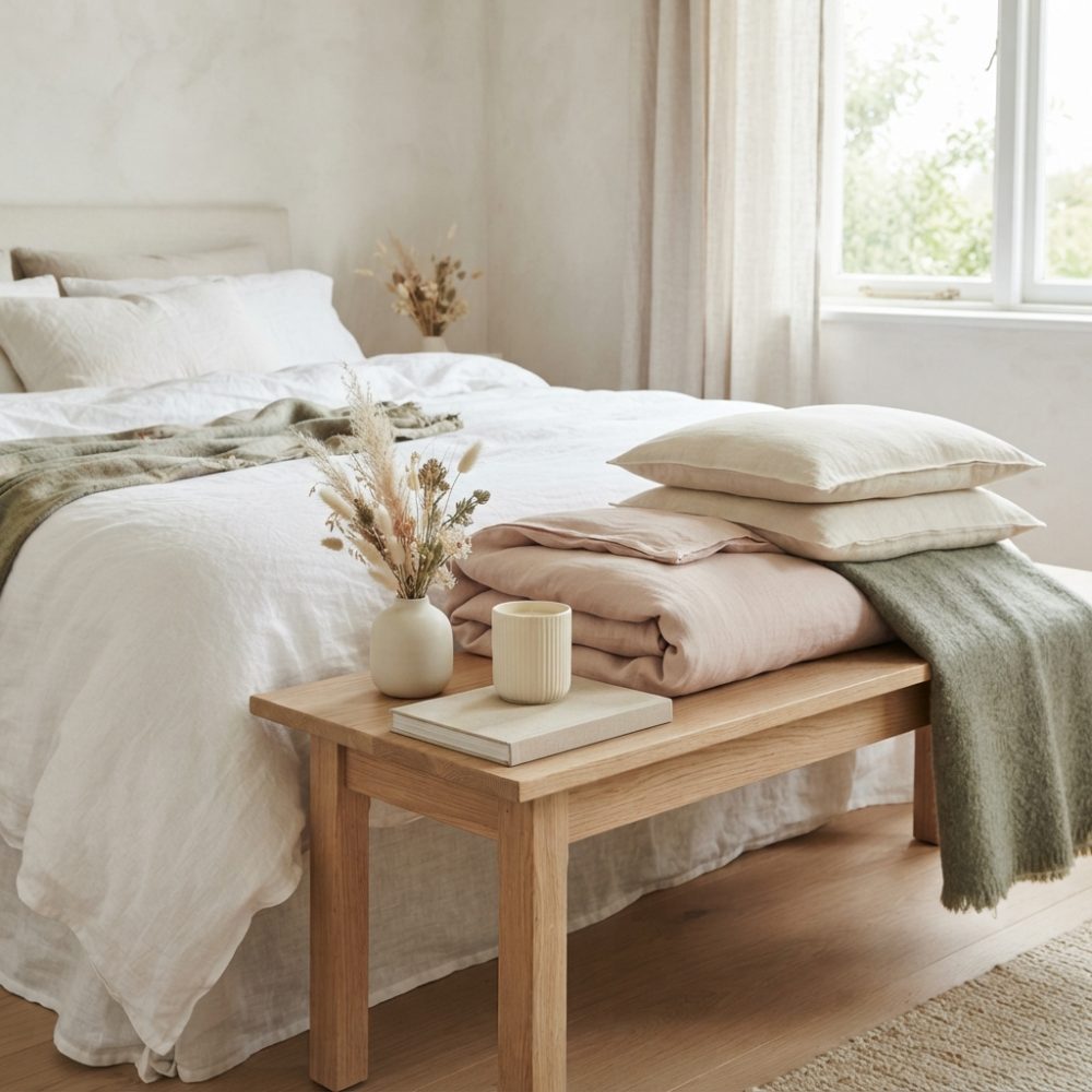 Quarto com cama branca, banco de madeira com almofadas, manta verde e flores secas