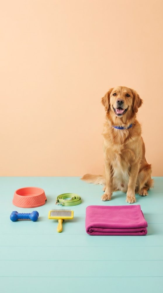 Golden Retriever sentado com tigela, trela, brinquedo, escova e manta colorida