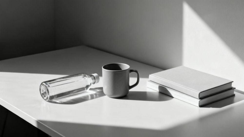 Mesa branca minimalista com garrafa de vidro deitada, caneca preta e livros empilhados sob luz natural