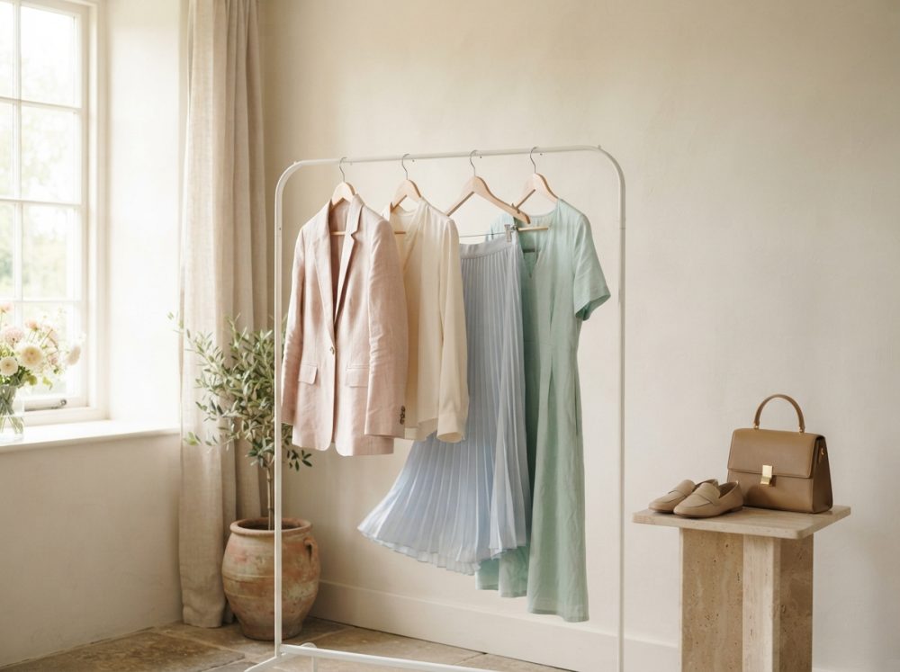 Roupas femininas em cabides com sapatos e mala num ambiente minimalista e bem iluminado