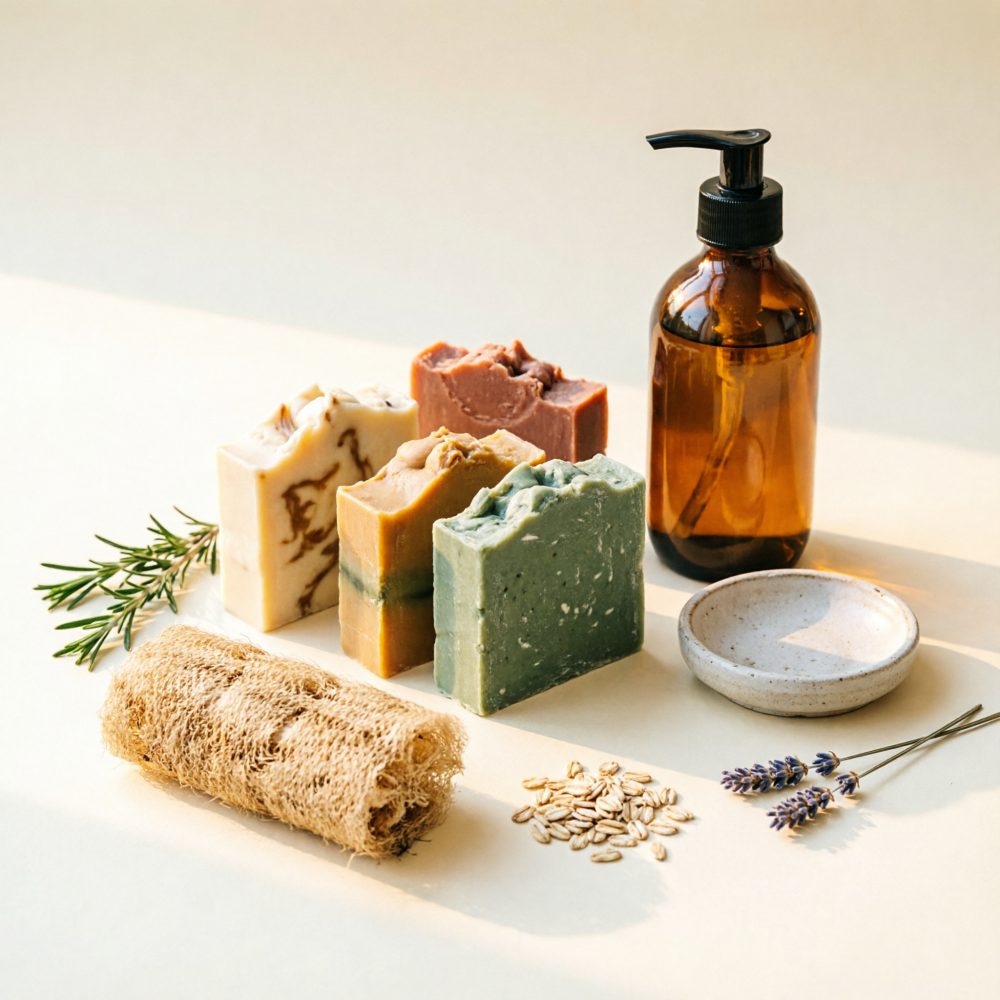Sabonetes artesanais, dispensador âmbar, esponja natural, aveia e flores secas sobre fundo claro