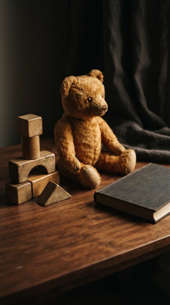 Urso de peluche vintage sentado ao lado de blocos de madeira e um livro sobre mesa de madeira