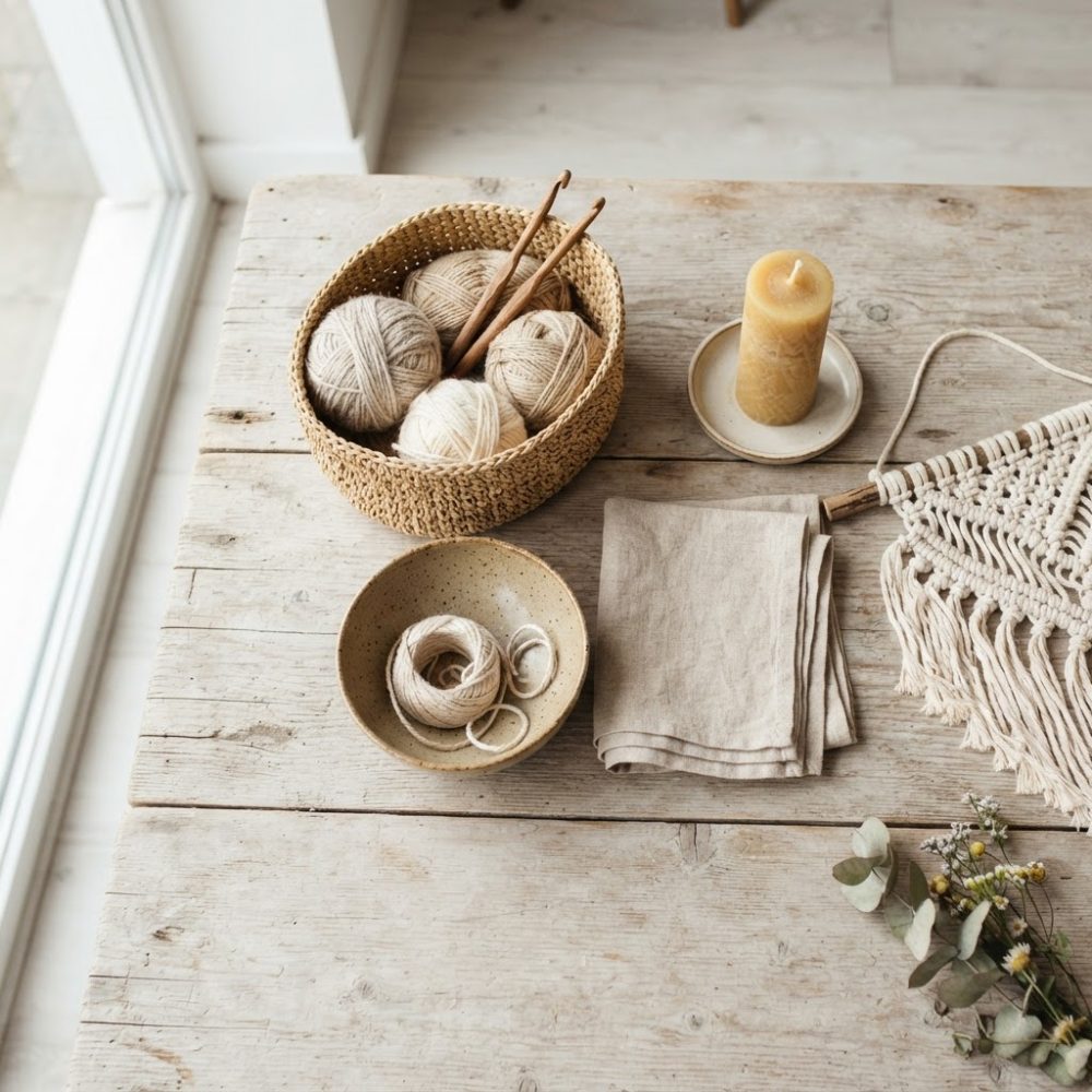 Mesa de madeira com fios de lã, agulhas, vela, guardanapo e peça de macramé em tons neutros