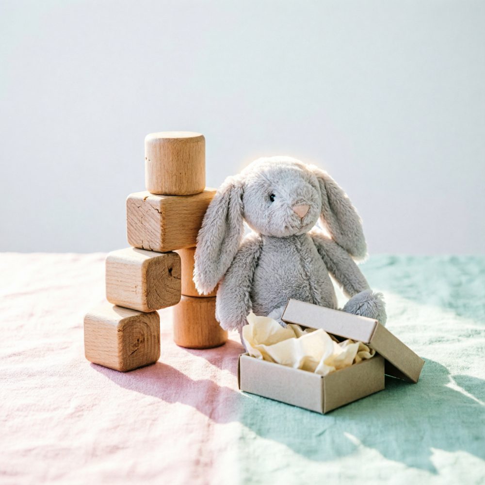 Blocos de madeira e coelho de peluche cinzento com caixa de presente sobre tecido colorido