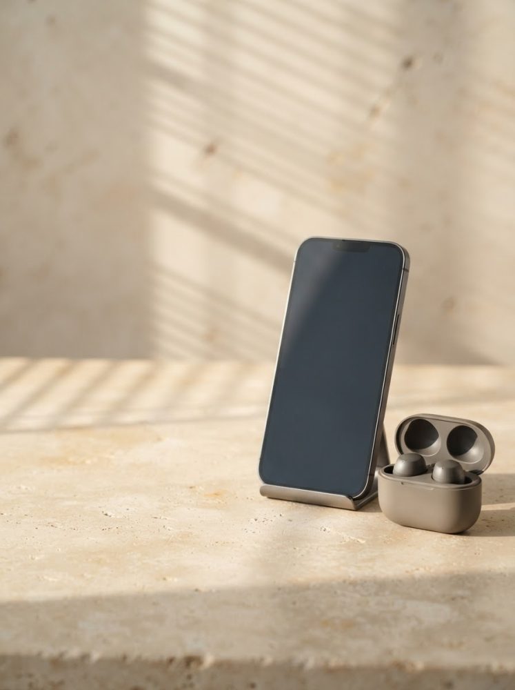 Smartphone preto num suporte junto a auscultadores sem fios cinzentos em estojo aberto sobre superfície clara