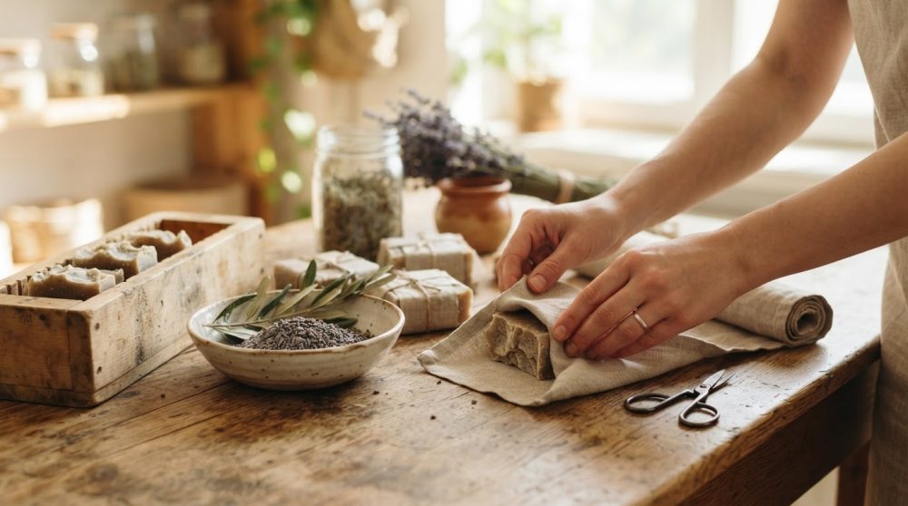 Mãos a embalar sabonetes artesanais numa mesa rústica com ervas secas e flores de lavanda