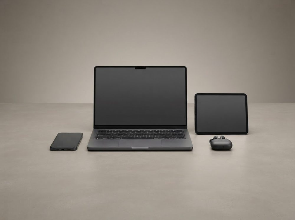 Laptop, tablet, smartphone e auriculares sem fios dispostos em superfície cinza neutra