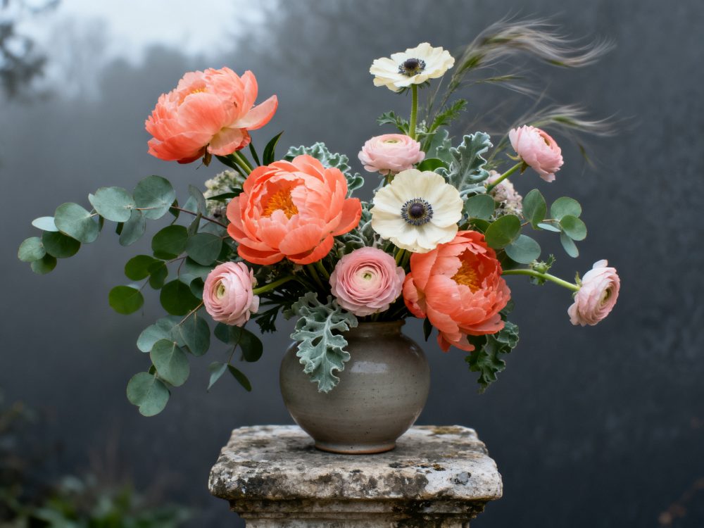 Arranjo floral com peónias coral, anémonas brancas e folhagem em vaso rústico sobre pedestal de pedra.