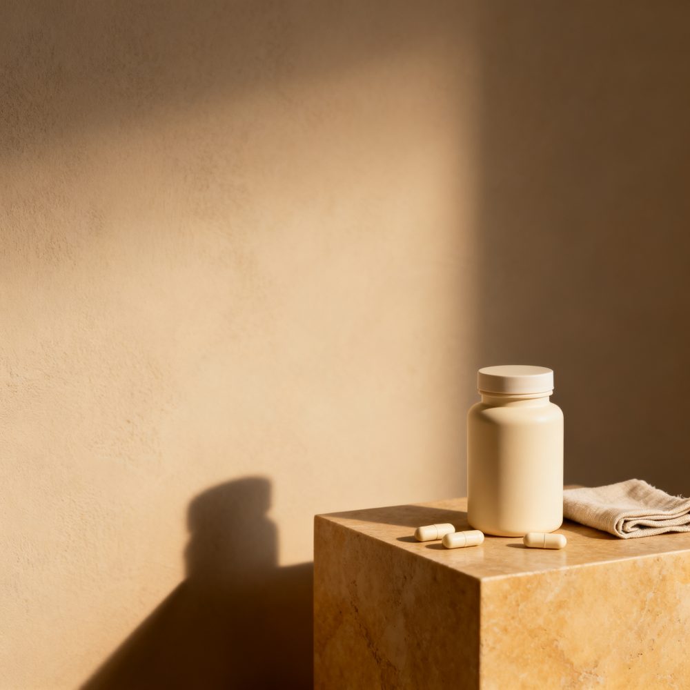 Frasco de suplementos creme com cápsulas ao lado sobre pedestal de pedra em luz natural suave