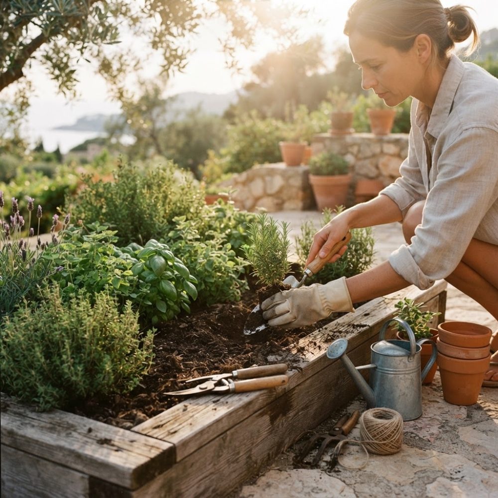 Mulher a plantar ervas aromáticas num canteiro de madeira com ferramentas de jardinagem ao pôr do sol