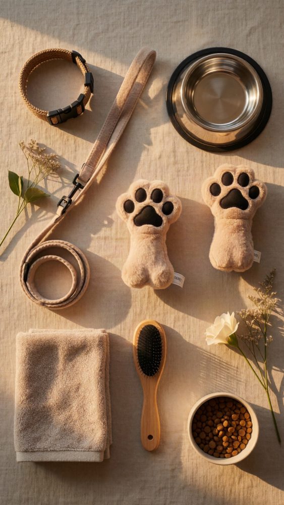Conjunto de acessórios para animais com trela, coleira, brinquedos de pata, escova, toalha e comedouros