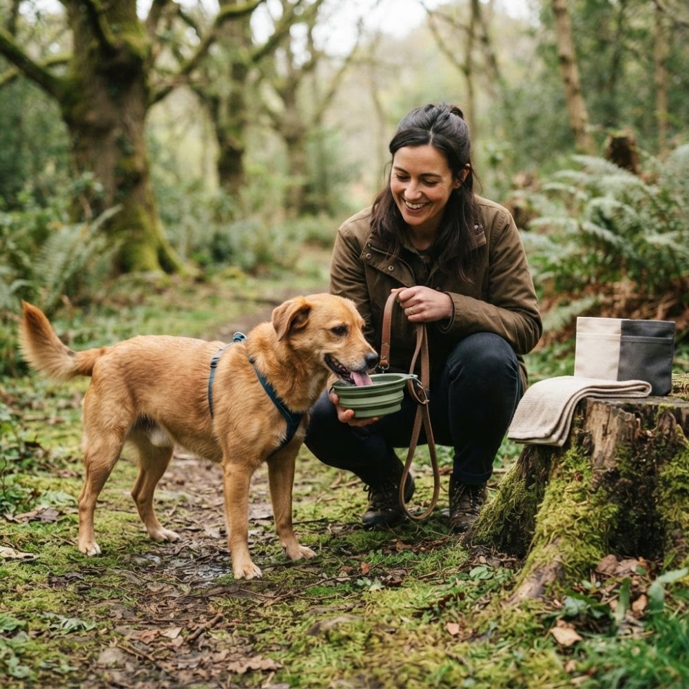 Mulher a dar água a cão castanho numa floresta durante caminhada