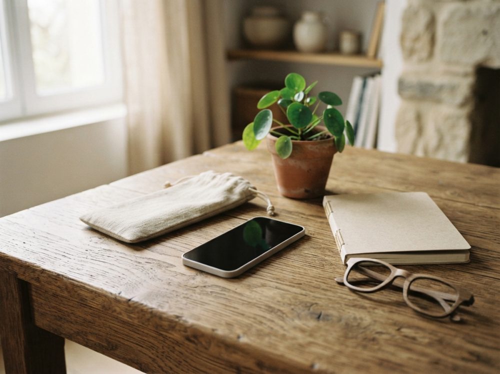 Mesa rústica com smartphone, caderno, óculos e planta em vaso de barro iluminados por luz natural