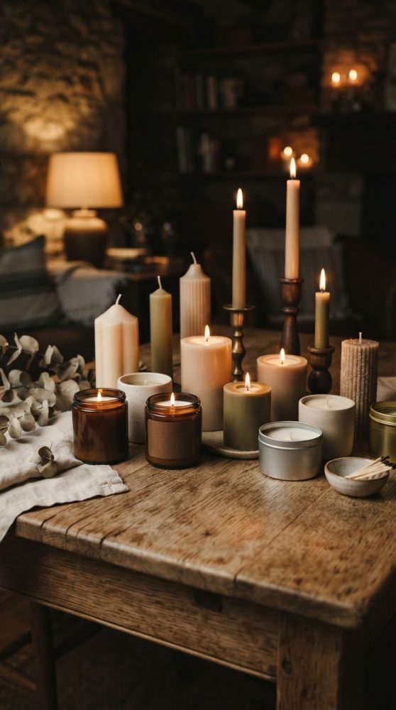 Velas decorativas e aromáticas acesas sobre mesa de madeira num ambiente rústico e acolhedor