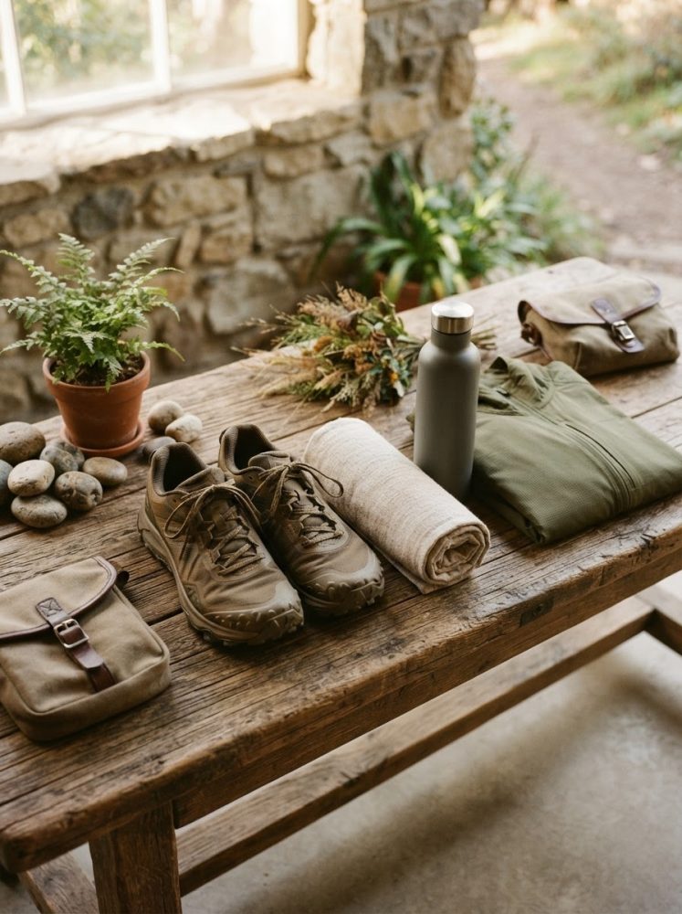 Bota de trekking, garrafa térmica, toalha, mochila e roupa verde sobre mesa de madeira rústica