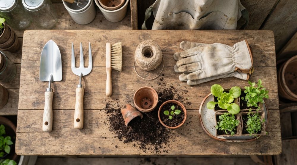 Ferramentas de jardinagem, vaso com plantas pequenas e luvas sobre mesa de madeira