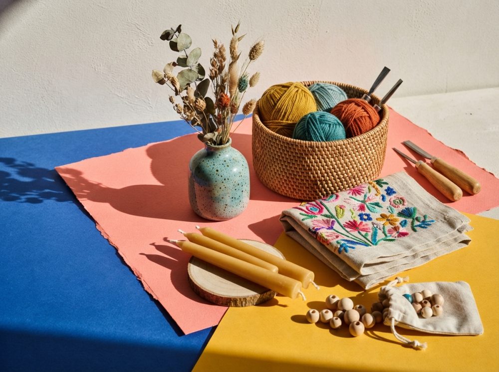 Kit artesanal com novelos de lã, velas, bordado floral, contas de madeira e vaso com flores secas