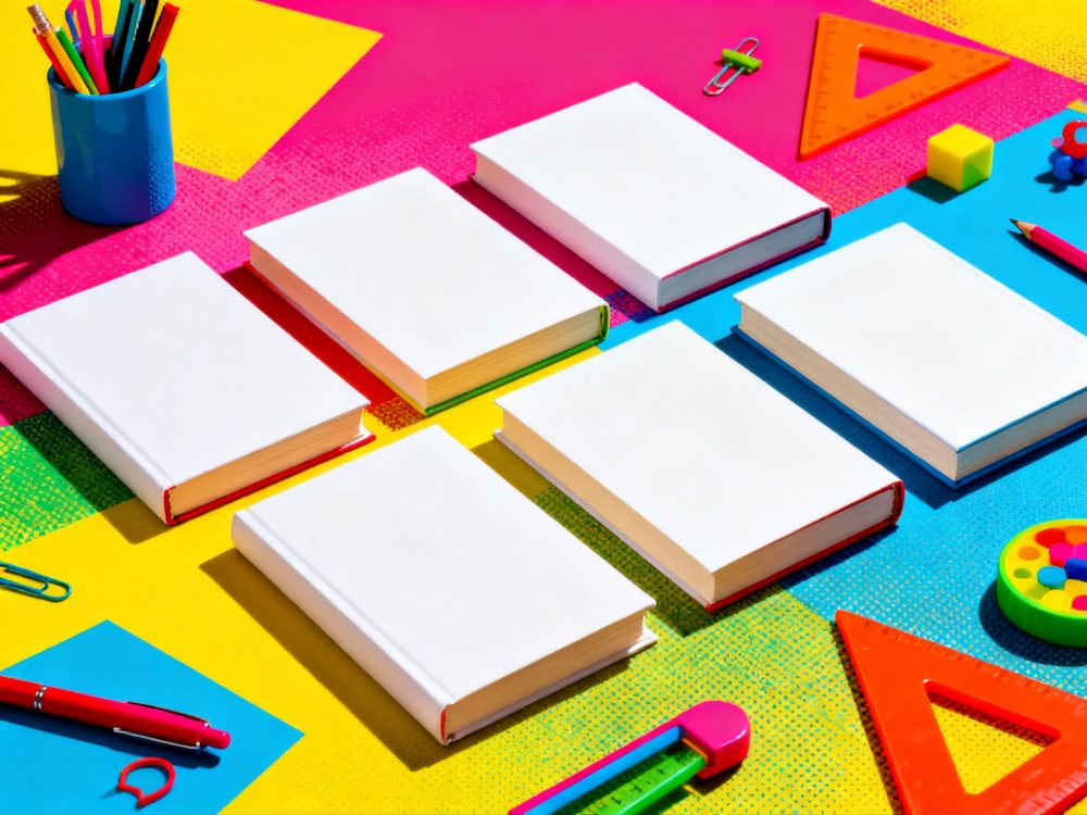 Seis livros brancos alinhados sobre fundo colorido com material escolar em redor