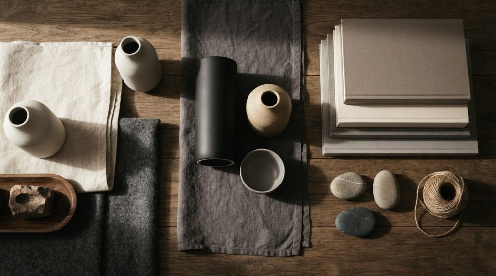 Conjunto minimalista de vasos cerâmicos, tecidos, pedras e livros sobre mesa de madeira