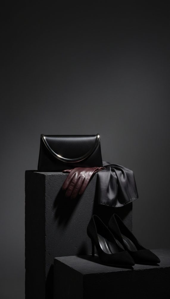 Mala preta, luvas em pele bordeaux, lenço acetinado preto e sapatos de salto alto pretos sobre blocos de cimento