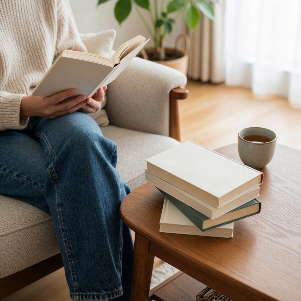 Pessoa sentada a ler livro num sofá com mesa de café com livros empilhados e chá