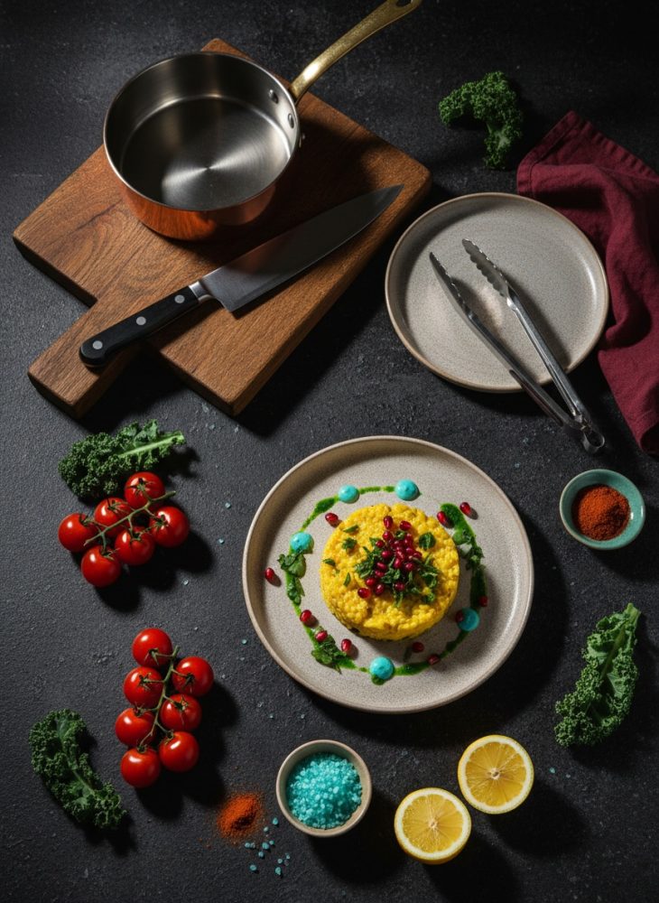 Prato gourmet com arroz amarelo, romã, molhos coloridos e ingredientes frescos na cozinha culinária