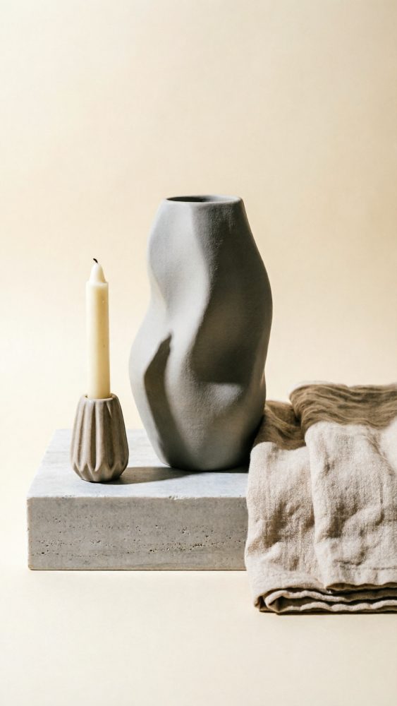 Vaso cinzento abstrato, castiçal com vela branca e tecido bege sobre base de pedra clara