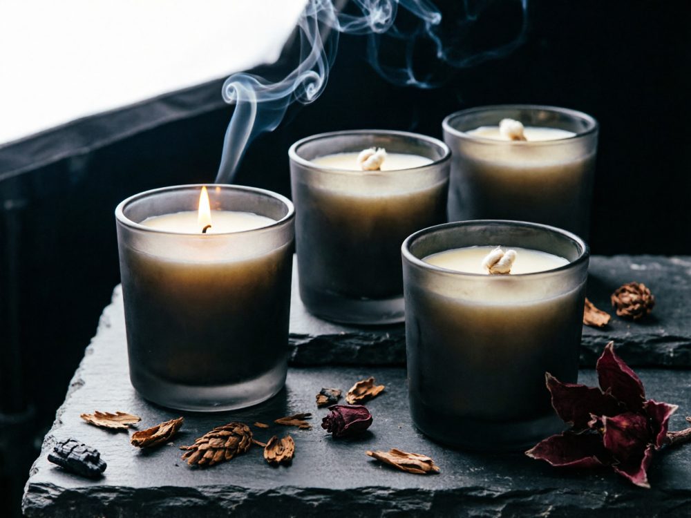 Quatro velas aromáticas em copos de vidro fumado, uma acesa com fumo e flores secas à volta