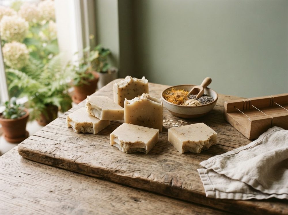 Sabonetes artesanais sobre tábua de madeira com tigela de ingredientes naturais e pano claro