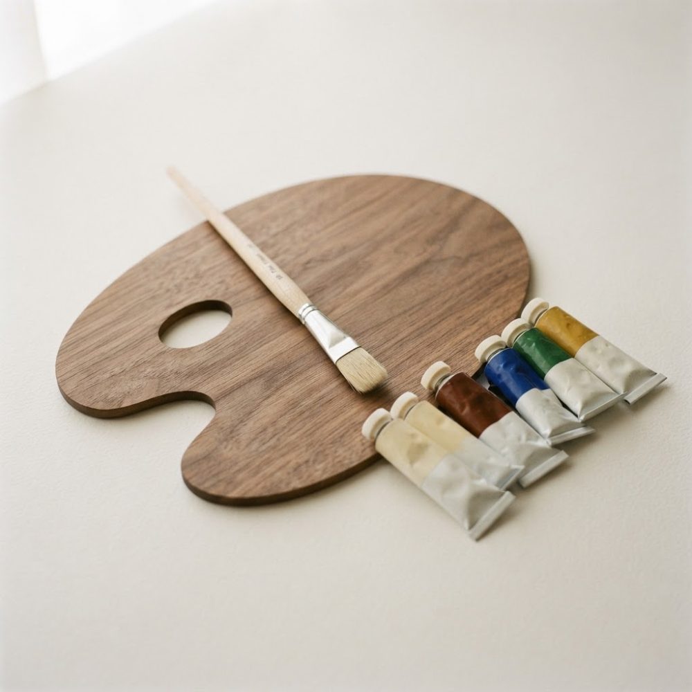 Paleta de madeira com pincel e tubos de tinta coloridos sobre fundo branco