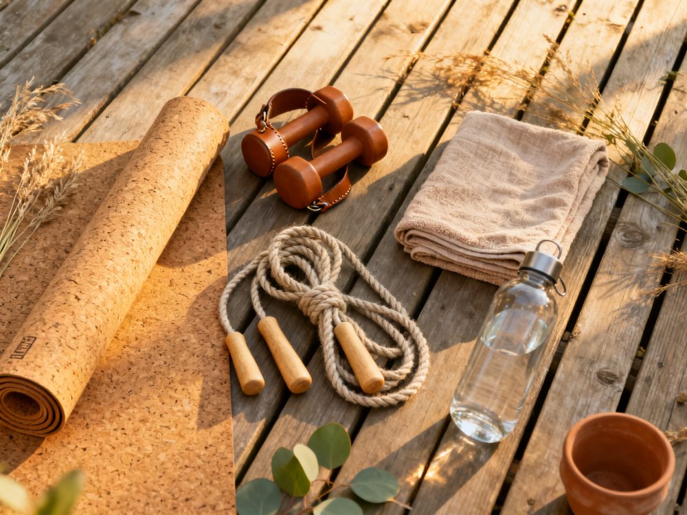 Tapete de cortiça, corda de saltar, halteres, toalha e garrafa de água sobre madeira rústica