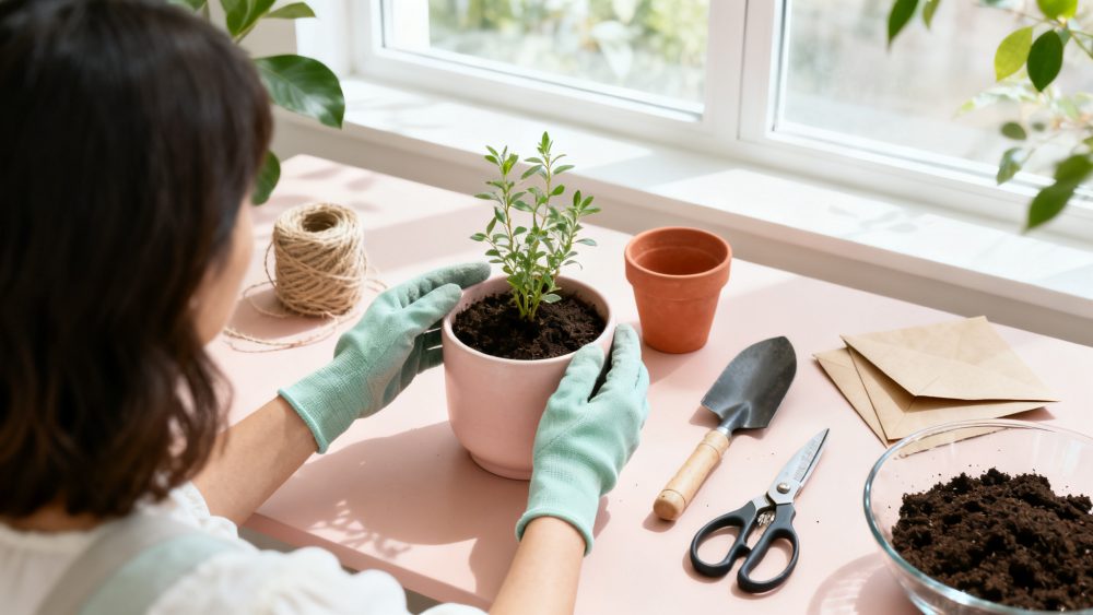 Pessoa com luvas verdes a transplantar planta num vaso rosa junto a ferramentas e terra numa mesa clara