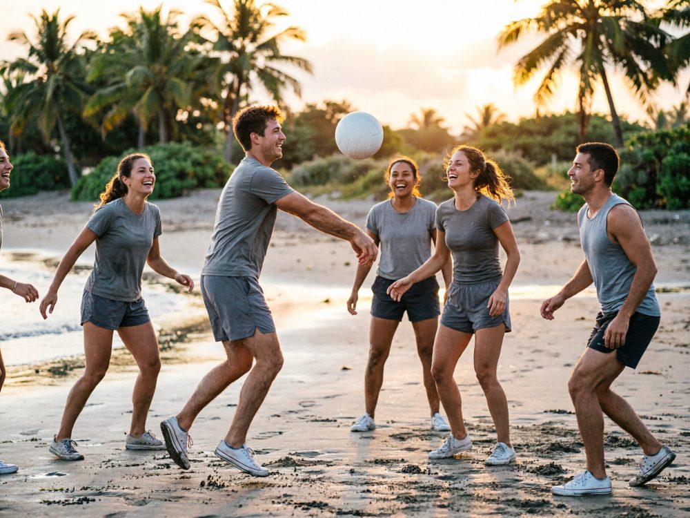 Jovens a jogar voleibol numa praia ao pôr do sol com palmeiras ao fundo