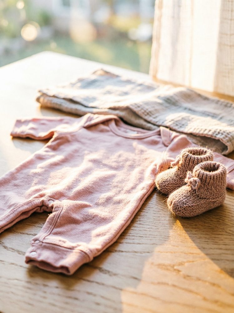 Conjunto rosa de roupa de bebé com botinhas e cobertor sobre mesa de madeira iluminada