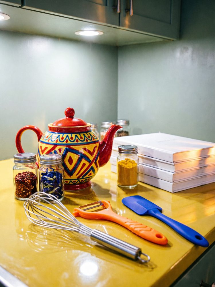Utensílios e especiarias coloridos numa bancada de cozinha com chaleira decorativa