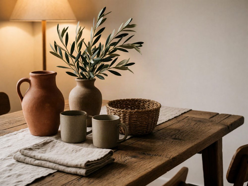 Mesa de madeira com jarros, canecas, cesto e folhas verdes iluminada por candeeiro