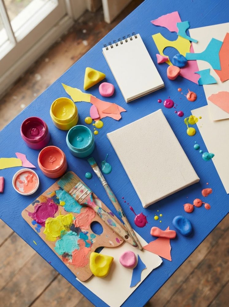 Mesa azul com tintas, pincéis, paleta e tela para pintura artística