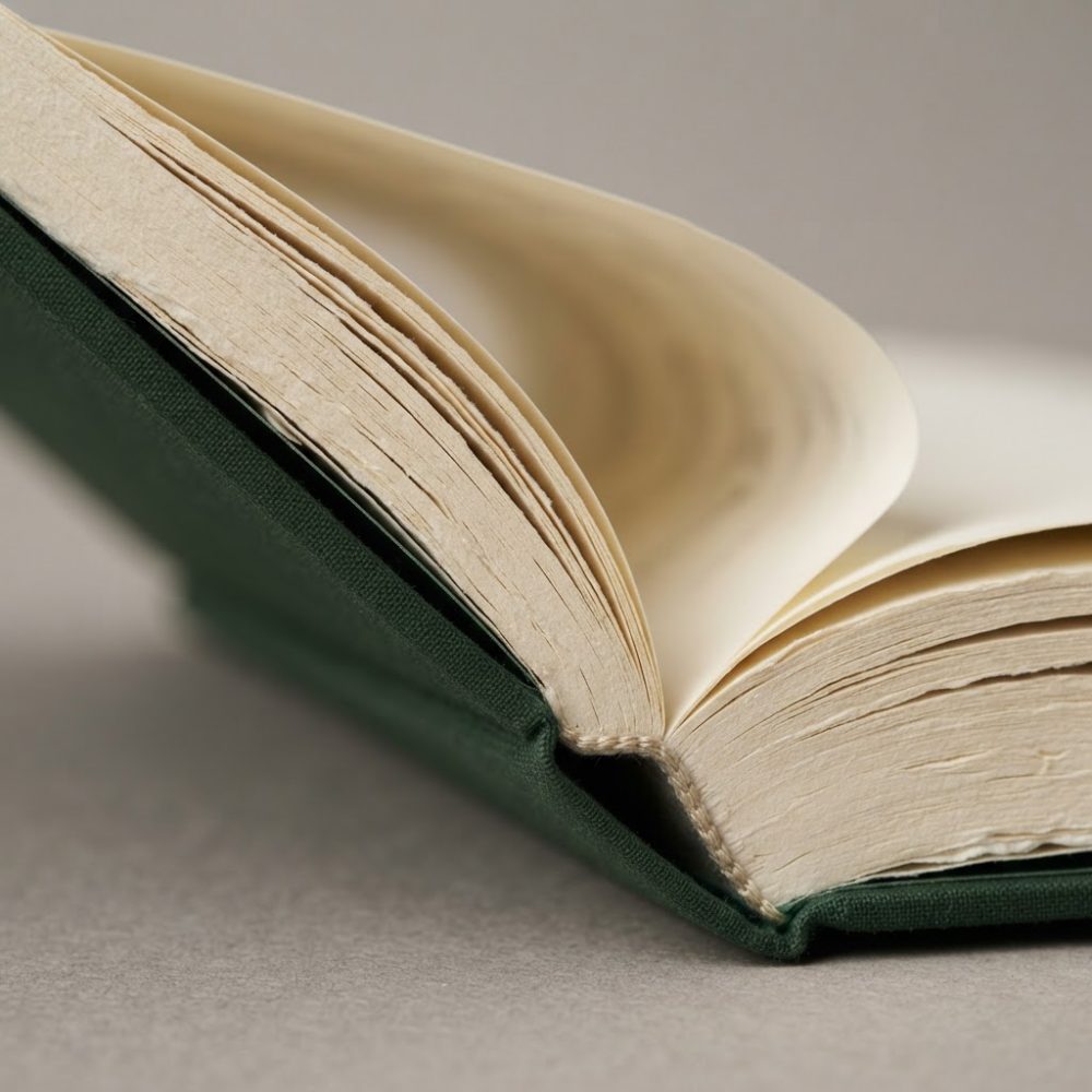 Livro aberto com capa verde e páginas amarelas em fundo claro neutro