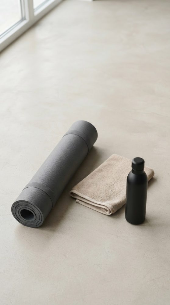 Tapete cinza para yoga, toalha bege e garrafa preta sobre chão claro
