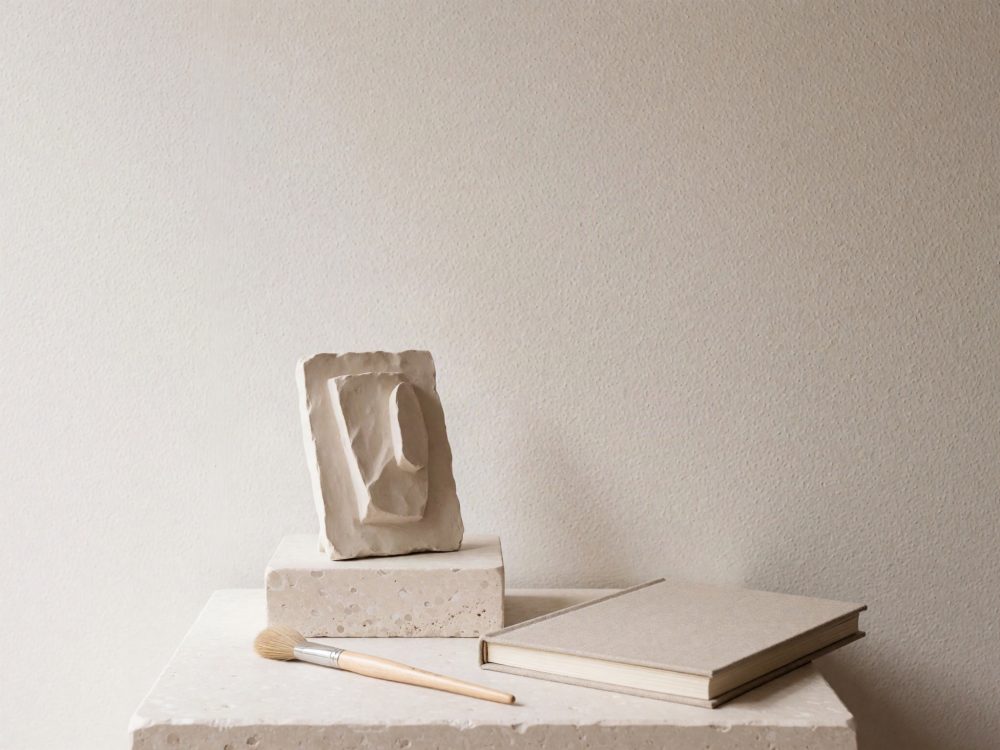 Conjunto de escultura abstrata, caderno bege e pincel sobre superfície de pedra clara