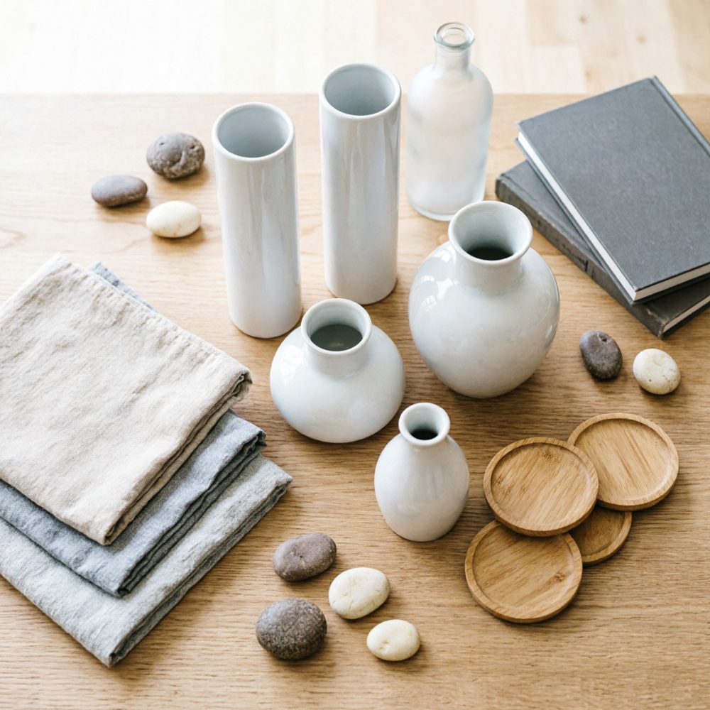 Conjunto de decoração com vasos brancos, pedras, livros, toalhas e bases de madeira sobre mesa clara