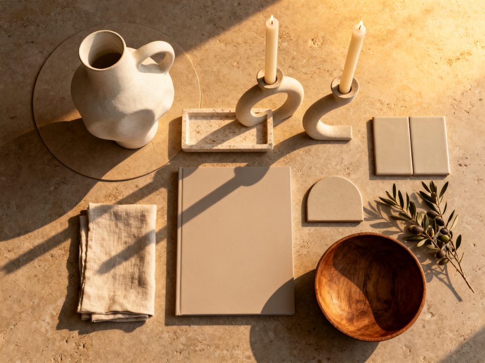 Conjunto decorativo em tons neutros com jarro de cerâmica, castiçais, prato, livro e tigela de madeira