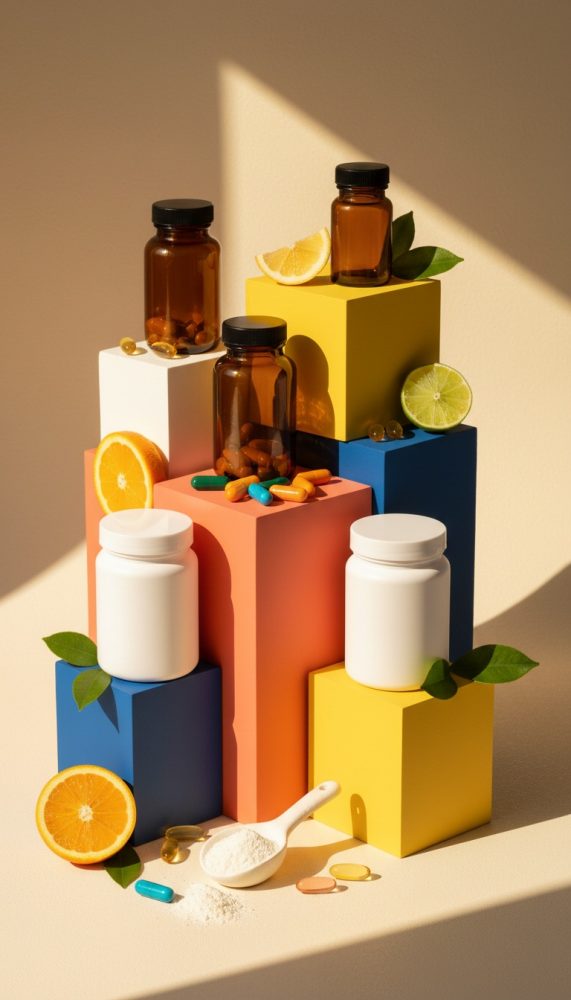 Frascos de suplementos com cápsulas e frutas cítricas sobre cubos coloridos em ambiente iluminado