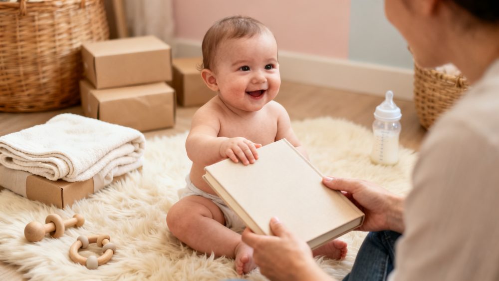 Bebé sorridente sentado num tapete felpudo a receber um livro de um adulto num quarto acolhedor